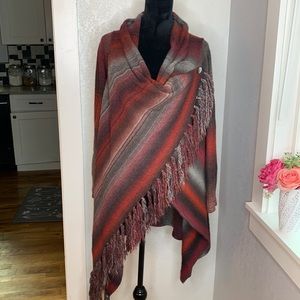 Nostalgia red black grey knit cape sweater fringe 2 button closure Southwestern